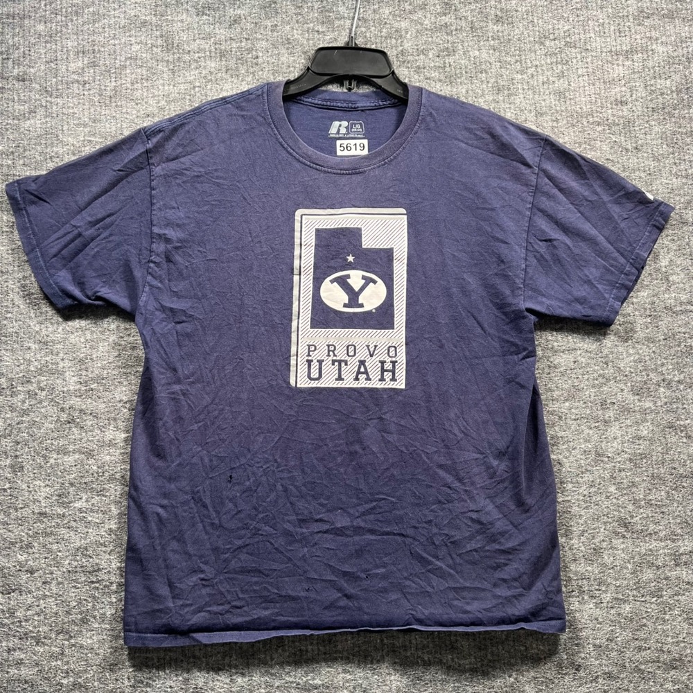 Russell Athletic BYU Cougars Provo Utah Graphic T-Shirt Navy Blue Mens Large